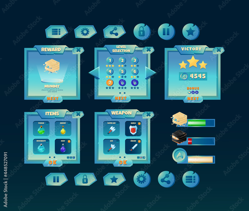 Aufkleber game ui fantasy glossy space kit board pop up interface with bar and icon