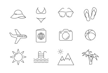 Summer vacations linear icons on the beach and travel