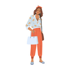 Spring and summer vogue, shopping woman with package bag, blouse and pants, purse, isolated flat cartoon character. Vector lady in fashionable urban outfits, stylish girl, curly hair and earrings