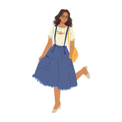 Female model in midi skirt isolated flat cartoon character. Vector excited caucasian brunette woman in glasses on high heels, lady posing on photo. Student or business lady in fashion cloth