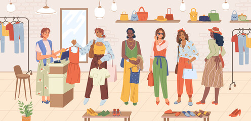 Queue at checkout in clothing, footwear, accessories store, woman at cash desk standing in line, shop store interior. Vector women at city mall, clothing department, cashier shop assistant and buyers
