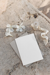 Summer wedding stationery mock-up. Blank greeting card, invitation with craft envelope, silk...