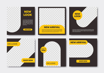 Set of elegant luxury social media post template design with black and yellow colors. Fashion brand promo, discount, sale. Anyone can use this design easily. Social media pack vector illustration