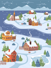 Fototapeta na wymiar New Year Christmas rural village scenery, cottages and trees in snow, flat cartoon design. Vector mountains and starry sky, pathways and firs and spruces, countryside , houses with garlands, fence