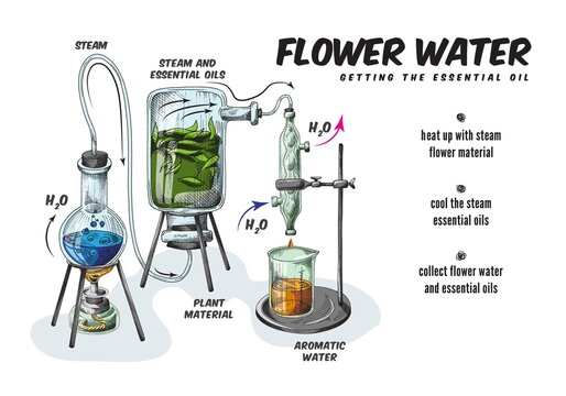 Process production of essential aromatic oil and flower water in chemistry lab
