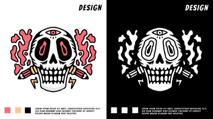 skull head with crossed pencils, illustration for t-shirt, poster, sticker, or apparel merchandise.