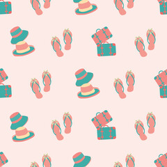 Vector travel fun seamless pattern background with flip flops, hats, suitcases, Feminine repeat backdrop with pink, aqua blue vacation icons. All over print for summer, beach holiday concept