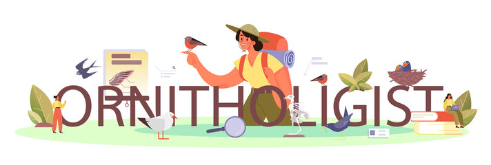 Ornithologist typographic header. Professional scientist study birds.