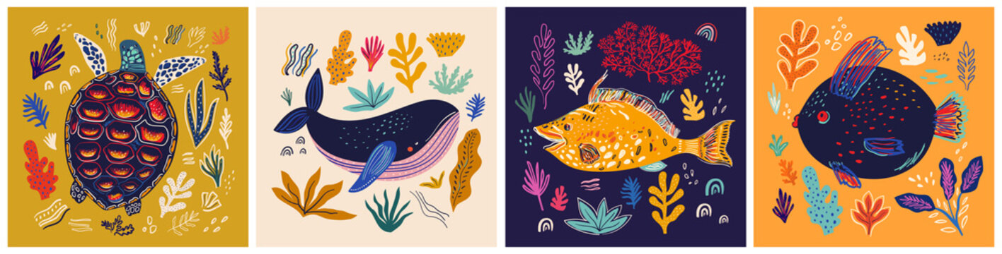 Underwater marine life. Vector illustration with sea turtle, whale and fish