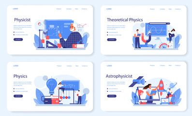 Physicist web banner or landing page set. Scientist explore electricity - obrazy, fototapety, plakaty