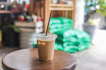 Iced Espresso coffee , clear plastic cup.