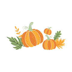 Classic autumn composition of ripe pumpkins and fallen leaves. Cute clipart, element, object, item for sticker, greeting card, invitation, advertising seasonal discounts and sales. Thanksgiving decor.