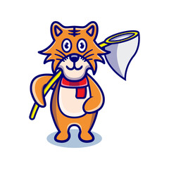 cute tiger cartoon animal holding a fishing nets