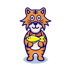 cute tiger cartoon animal holding a fish