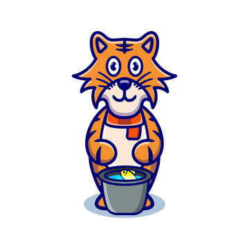 cute tiger cartoon animal holding a fish bucket