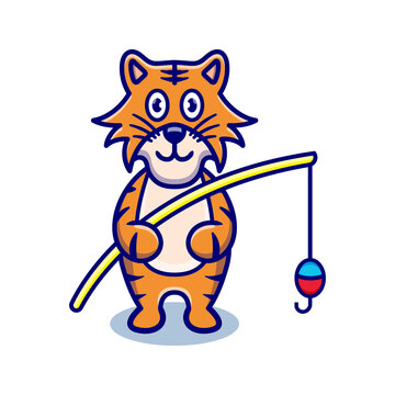 cute tiger cartoon animal holding a fishing rod