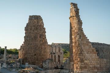 Ruins of the Ancient city of Perge. one of the Pamphylian cities and was believed to have been built in the 12th to 13th centuries BC. Air view, Antalya province, Turkey.