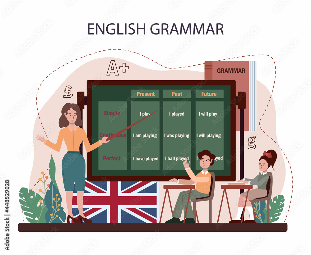 Poster english class concept. study foreign languages in school. grammar