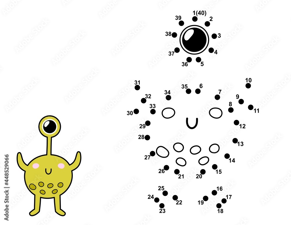 Poster connect the dots and draw a cute alien character. join the numbers activity page with funny monster.