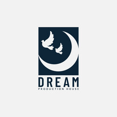 Crescent Moon with Flying Dove for Production House Logo Design Template. Suitable for Movie Film Motion Video Production Cinematography Studio Cinema Theater Industry Label in Vintage Retro Hipster