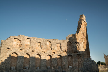 Ruins of the Ancient city of Perge. one of the Pamphylian cities and was believed to have been built in the 12th to 13th centuries BC. Air view, Antalya province, Turkey.