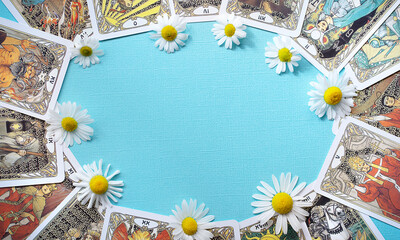 View of Golden tarot cards Frame on the Blue background, esoteric concept, 