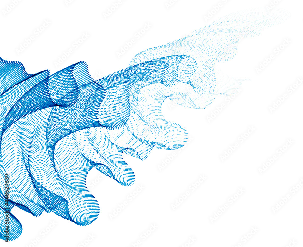 Poster 3d particles mesh array, transparent tulle textile on wind flowing. round points vector effect illus