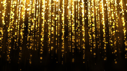 Background with falling gold glitter particles. Rain of golden confetti with magic light, glamour....