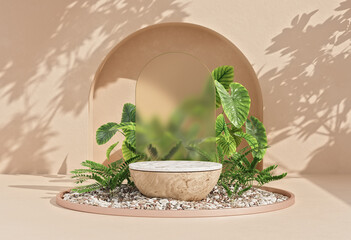 Minimal cosmetic summer product podium with green leaves
