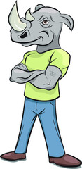 Hipster urban cool Friendly Rhino Bodyguard dressed as humans. Anthropomorphic Animals. Cool Rhinoceros Character wearing tshirt and pants. Body Guard. Anthropomorphism. Animals Dressed as Humans.