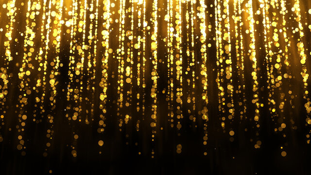 Background with falling gold glitter particles. Rain of golden confetti with magic light, glamour. Beautiful animated christmas background