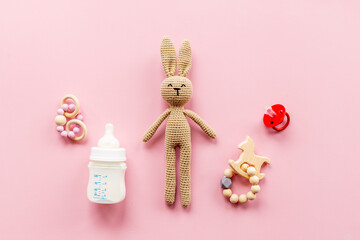 Baby accessories with milk bottle and rabbit toy