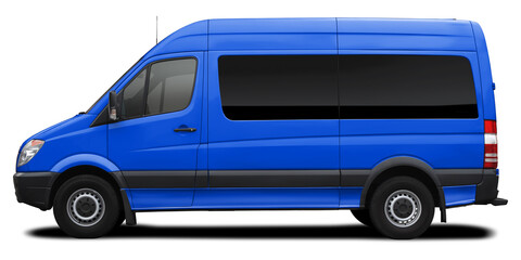 Side view of a modern passenger short-base American minibus in blue. Isolated on a white background.
