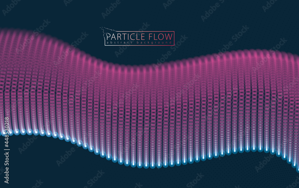 Poster flowing particles wave, dynamic sound motion. 3d vector illustration. beautiful wave shaped array of