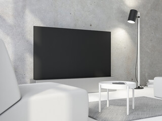 Large Smart Tv mockup on floor stand in modern interior with lamp, 3d rendering