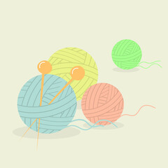 Balls of yarn with knitting needles. Clews, skeins of wool. Tools for knitwork, handicraft, crocheting, hand-knitting. Female hobby. 