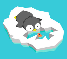 Penguin baby on an ice floe and a fish peeking out of the hole isolated illustration