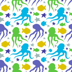 Ocean seamless pattern cartoon fish octopus starfish under water