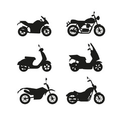 Set of black silhouettes of different models modern motorcycles and scooters.