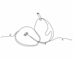 Continuous one line of ripe pears in silhouette on a white background. Linear stylized.Minimalist.
