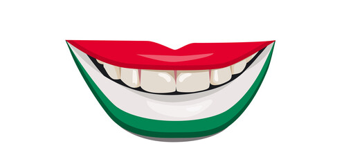 The flag of Hungary on the lips. A woman's smile with white teeth. Vector illustration.