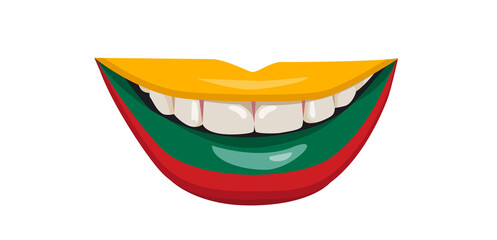 The flag of Lithuania on the lips. A woman's smile with white teeth. Vector illustration.