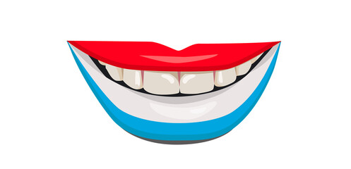 The flag of Luxembourg on the lips. A woman's smile with white teeth. Vector illustration.