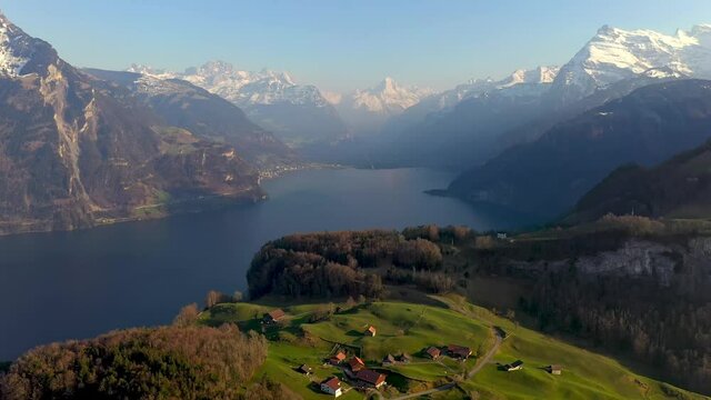 Dramatic aerial drone footage of the Seelisberg village by lake Lucerne in the alps in Switzerland