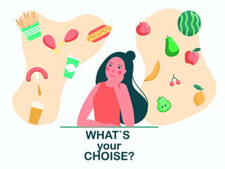 Dieting, healthy lifestyle, weight loss concept. Woman cartoon character standing choosing between healthy and unhealthy food Fastfood vs balanced menu vector illustration.