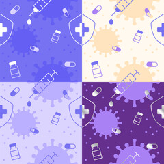 Set of Outline Flat Cute Minimal Covid-19 Vaccine Medicine Vector Pattern Design Violet Lilac Purple Background Editable Stroke. Cartoon Illustration Cloth, Mat, Fabric, Textile, Scarf, Wrapping Paper