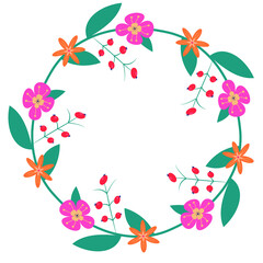 Detailed contour wreath with herbs and vibrant wild stylized flowers isolated on white. Round frame for your design, greeting cards, wedding announcements, posters. Seamless pattern brush.