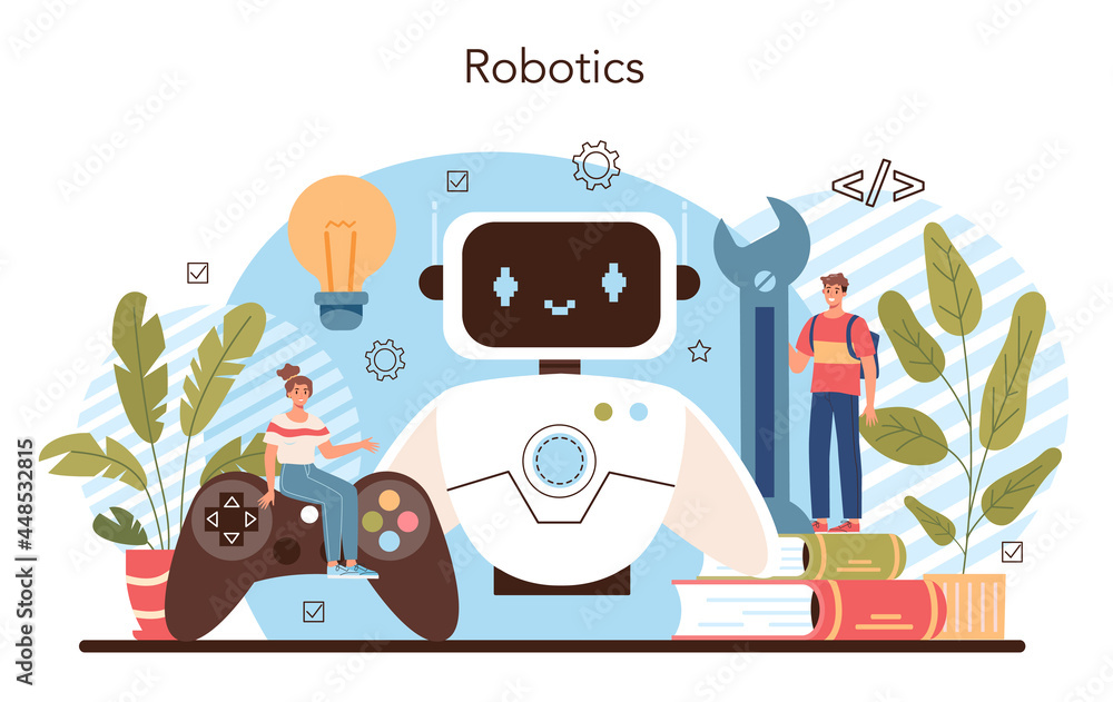 Poster robotics school course concept. robotic engineering and constructing lesson