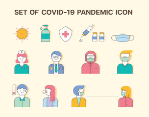 Set of Covid-19 Pandemic Icon Flat Outline Pastel Style. Coronavirus, Hand Sanitizer Bottle, Syringe, Mask, Doctor, Nurse, Cough, Social Distancing, PPE Suit, People, Epidemic, Protection, Fever.
