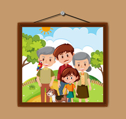 Happy family in the park scene photo in a frame hanging on the wall